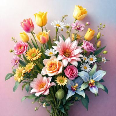 The primary subject of the image is a bouquet of colorful flowers, including yellow, pink, and white flowers. The bouquet is placed in a vase and is set against a pink and blue background. The visual style of the image is a combination of photo and digital art, creating a vibrant and lively atmosphere. The colors and mood of the image are predominantly warm and cheerful, with the flowers serving as the focal point and the background providing a sense of depth and contrast.